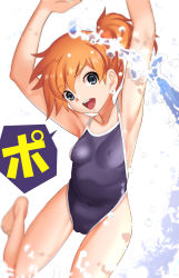 Rule 34 | 1girl, asymmetrical hair, blue eyes, blue one-piece swimsuit, blush, breasts, cameltoe, covered erect nipples, creatures (company), earrings, eyelashes, game freak, gym leader, hair between eyes, hair tie, heart, highres, jewelry, looking at viewer, makoto daikichi, misty (pokemon), navel, nintendo, nipples, one-piece swimsuit, open mouth, orange hair, pokemon, pokemon rgby, ponytail, shirt, short hair, short shorts, shorts, side ponytail, smile, solo, stomach, swimsuit, water, yellow shirt