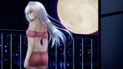 Rule 34 | 1girl, ass, bare shoulders, bloomers, breasts, butt crack, city, city lights, cowboy shot, eyebrows hidden by hair, female focus, from behind, game cg, highres, legs, long hair, looking away, moon, night, original, outdoors, red eyes, river, sky, small breasts, solo, standing, star (sky), starry sky, thighs, uchi no koibito, underwear, water, white hair, yamakaze ran, yuri (uchi no koibito)