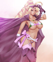 Rule 34 | 1girl, ahoge, blonde hair, boots, bow, breasts, cape, dark-skinned female, dark skin, fire emblem, fire emblem awakening, garter straps, glint, gloves, green eyes, harihisa, highres, large breasts, long hair, navel, nintendo, nowi (fire emblem), aged up, pink thighhighs, pointy ears, purple thighhighs, solo, sunglasses, thigh boots, thighhighs, thighhighs under boots, thighs, underboob