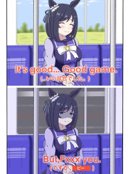 Rule 34 | 1girl, 2022 fifa world cup, 2koma, animal ears, bilingual, black hair, blush stickers, bow, bowtie, censored, censored text, closed eyes, comic, commentary request, ear scrunchie, eishin flash (umamusume), english text, engrish text, false smile, grey eyes, highres, horse ears, horse girl, hu-min (okok6341), long sleeves, looking at viewer, mixed-language text, pleated skirt, profanity, purple sailor collar, purple shirt, purple skirt, ranguage, sailor collar, sailor shirt, school uniform, shaded face, shirt, short hair, sitting, skirt, smile, subtitled, tail, tracen school uniform, train interior, translation request, umamusume, white bow, white bowtie, winter uniform, world cup