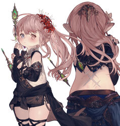 Rule 34 | 1girl, black gloves, black nails, black shorts, blue eyes, blush, dart, earrings, final fantasy, final fantasy xiv, fingerless gloves, flower, from behind, gauntlets, gloves, haiiro (frabilovelove), hair ornament, heterochromia, highres, jewelry, lalafell, long hair, looking at viewer, pink hair, pointy ears, ponytail, red eyes, red flower, scar, scar on back, shorts, single earring, solo, spider lily, standing, thigh strap, thighs, white background