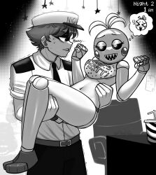 Rule 34 | !, !!, &gt; &lt;, 1boy, 1girl, :d, absurdres, anger vein, artist name, belt, bib, bird girl, blush stickers, breasts, carrying, carrying person, clenched teeth, colored sclera, commentary, cup, desk, disposable cup, drum (container), english text, five nights at freddy&#039;s, five nights at freddy&#039;s 2, full body, glowing, glowing eyes, greyscale, hat, highres, holding, jeremy fitzgerald, joints, looking at another, medium breasts, monochrome, navel, necktie, no pants, open mouth, pants, paper, pietrosatou, robot, robot girl, robot joints, security guard, shaded face, shadow bonnie (fnaf), sharp teeth, shirt, short hair, sleeves rolled up, smile, star (symbol), sweat, teeth, thought bubble, toy chica, trembling, xd