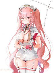 Rule 34 | 1girl, azur lane, center opening, cross hair ornament, dress, garter straps, gloves, hair ornament, half gloves, hat, highres, holding, holding syringe, hoyuring, id card, lanyard, long hair, looking at viewer, microdress, nurse, nurse cap, official alternate costume, perseus (azur lane), perseus (unfamiliar duties) (azur lane), pink eyes, pink gloves, pink hair, semi-rimless eyewear, simple background, solo, syringe, thigh gap, thighhighs, twintails, very long hair, white background, white dress, white hat, white thighhighs