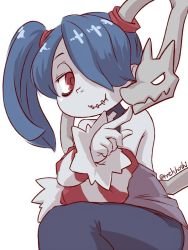 Rule 34 | 1girl, blue hair, blue skin, colored skin, detached collar, detached sleeves, hair over one eye, leviathan (skullgirls), mtk hoshi, poking, red eyes, side ponytail, sitting, skullgirls, smile, solo, squigly (skullgirls), stitched mouth, stitches, zombie