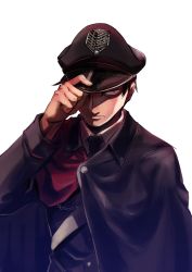 Rule 34 | 1boy, bad id, bad pixiv id, bae (baebae), black eyes, cape, constricted pupils, hat, holding, holding clothes, holding hat, levi (shingeki no kyojin), male focus, manly, military, military hat, military uniform, one eye covered, peaked cap, shingeki no kyojin, short hair, simple background, solo, uniform, white background