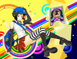 Rule 34 | 1girl, bag, black eyes, black hair, boots, collar, elbow gloves, fingerless gloves, fuefukipiyohiko, gloves, hand on headwear, hat, judgement (tarot), knee boots, looking at viewer, marie (persona 4), messenger bag, persona, persona 4, persona 4 the golden, short hair, shoulder bag, sitting, skirt, sleeveless, solo, striped clothes, striped thighhighs, tarot, thighhighs, zettai ryouiki