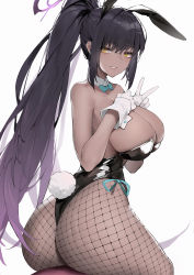 Rule 34 | 1girl, absurdres, alios arvin, animal ears, ass, bare shoulders, black hair, black leotard, blue archive, blush, bow, bowtie, breasts, cleavage, dark-skinned female, dark skin, detached collar, fake animal ears, fishnet pantyhose, fishnets, gloves, grin, highleg, highleg leotard, highres, karin (blue archive), karin (bunny) (blue archive), large breasts, leotard, long hair, looking at viewer, pantyhose, playboy bunny, ponytail, rabbit ears, sidelocks, smile, solo, thighs, traditional bowtie, white gloves, yellow eyes