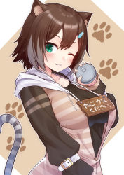 Rule 34 | 1girl, animal ear fluff, animal ears, arm strap, black shirt, black undershirt, blush, bob cut, breasts, brown background, brown hair, brown hoodie, can, cat ears, cat tail, commentary, fish hair ornament, fumino tamaki, green eyes, hair between eyes, hair ornament, hairclip, highres, holding, holding can, hood, hood down, hoodie, large breasts, long hoodie, long sleeves, looking at viewer, nijisanji, one eye closed, open clothes, open hoodie, outside border, paw print, pet food, shirt, short hair, sign, sign around neck, smile, solo, striped clothes, striped hoodie, tail, tenneko yuuri, translated, undershirt, unzipped, upper body, virtual youtuber, white background, zipper