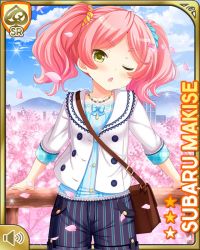 Rule 34 | 1girl, :o, annoyed, bag, blue bow, blue shirt, bow, buttons, card, character name, cherry blossoms, closed eye, day, fence, girlfriend (kari), handbag, jacket, jewelry, leaning back, makise subaru, necklace, official art, open mouth, outdoors, pink hair, qp:flapper, shirt, shorts, solo, strap, tagme, twintails, v-shaped eyebrows, white jacket, yellow eyes