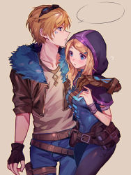 Rule 34 | 1boy, 1girl, ?, arm around shoulder, belt, belt buckle, belt pouch, blonde hair, blue eyes, blush, book, brown background, brown gloves, buckle, collarbone, ezreal, facial mark, fingerless gloves, fur trim, gauntlets, gloves, goggles, goggles on head, hair ornament, hairclip, highres, hood, hood up, league of legends, liquid, long hair, lux (league of legends), neri (neri23152939), outline, parted lips, pouch, simple background, single gauntlet, sleeves rolled up, speech bubble, spellthief lux, vial, yellow outline