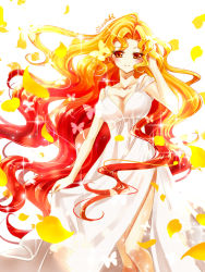 Rule 34 | 1girl, bishoujo senshi sailor moon, breasts, bug, butterfly, cleavage, closed mouth, dress, gradient hair, insect, looking at viewer, multicolored hair, orange eyes, orange hair, parted bangs, petals, red hair, sailor galaxia, shirataki kaiseki, signature, simple background, smile, solo, white background, white dress
