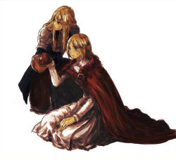 Rule 34 | 2girls, :o, agrias oaks, armor, bad id, bad pixiv id, blonde hair, blue eyes, braid, breasts, cape, corset, dress, expressionless, final fantasy, final fantasy tactics, full body, gloves, holding hands, knight, long hair, long sleeves, multiple girls, ovelia atkascha, parted lips, pauldrons, sayonaraby, seiza, shoulder armor, sidelocks, single braid, sitting, sweatdrop, white background, white dress