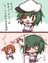Rule 34 | &gt; &lt;, +++, 2girls, 2koma, :d, :p, arrow (symbol), blue shorts, blush, brown hair, closed mouth, comic, commentary request, crying, crying with eyes open, dirty, dirty clothes, dirty face, eyepatch, flag, green hair, gym shirt, gym shorts, gym uniform, hair between eyes, hairband, hand on own hip, hat, holding, holding flag, kantai collection, kiso (kancolle), kneehighs, komakoma (magicaltale), multiple girls, name tag, nose blush, open mouth, outstretched arm, pennant, pink hairband, shiratsuyu (kancolle), shirt, shoes, short shorts, shorts, smile, socks, tears, tongue, tongue out, translation request, trembling, v, wavy mouth, white footwear, white hat, white legwear, white shirt, | |, || ||