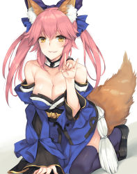 Rule 34 | 10s, 1girl, animal ears, blue kimono, blue thighhighs, breasts, brown eyes, cleavage, clog sandals, collarbone, detached sleeves, fate/extra, fate (series), fox ears, fox shadow puppet, fox tail, hair between eyes, hair flaps, hand up, highres, japanese clothes, kimono, kneeling, large breasts, obi, okobo, parted lips, pink hair, rinarisa, sandals, sash, smile, solo, tail, tamamo no mae (fate/extra), teeth, thighhighs, tsurime, twintails