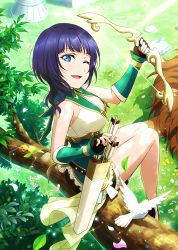 Rule 34 | 1girl, ;d, arrow (projectile), asaka karin, bad id, bad pixiv id, bird, black gloves, black shorts, blue eyes, blue hair, bow (weapon), breasts, day, detached sleeves, fingerless gloves, frilled shorts, frills, from above, gloves, green sleeves, highres, holding, holding arrow, holding bow (weapon), holding weapon, in tree, ink (pixiv25450915), looking at viewer, love live!, love live! nijigasaki high school idol club, love live! school idol festival, medium breasts, one eye closed, open mouth, outdoors, petals, short hair, short shorts, shorts, sitting, sitting in tree, smile, solo, sparkle, sunlight, tree, weapon
