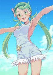 Rule 34 | 1girl, :d, armpits, blue sky, blush, bouzu (bonze), breasts, cloud, creatures (company), dark-skinned female, dark skin, day, flower, game freak, green eyes, green hair, hair flower, hair ornament, looking at viewer, low twintails, mallow (pokemon), medium breasts, nintendo, open mouth, outstretched arms, overalls, pink shirt, pokemon, pokemon sm, shirt, sky, sleeveless, sleeveless shirt, smile, solo, spread arms, swept bangs, trial captain, twintails
