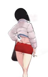 Rule 34 | 1girl, ass, backboob, bad id, bad pixiv id, bag, black hair, bob cut, breasts, cameltoe, cetacean tail, cigarette, contrapposto, cropped jacket, deliciousmeatart, down jacket, fins, fish tail, flat ass, from behind, hand on own hip, handbag, highleg, highleg panties, highres, holding, holding cigarette, jacket, kneepits, large breasts, microskirt, open clothes, open jacket, original, panties, pantyshot, red skirt, simple background, skirt, smoking, solo, standing, strapless, tail, thigh gap, thong, tube top, underwear, whale tail (clothing), white background, white jacket, white panties