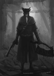Rule 34 | 1other, ambiguous gender, artist name, bloodborne, capelet, coat, commentary request, copyright name, from behind, grey background, greyscale, gun, handgun, hat, highres, holding, holding gun, holding weapon, long hair, monochrome, pistol, ponytail, saw, saw cleaver, solo, standing, tricorne, tripdancer, weapon