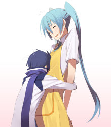 Rule 34 | 1boy, 1girl, age difference, aqua hair, blue hair, blue scarf, blush, hatsune miku, height difference, hipoguri, hug, kaito (vocaloid), kasuga ayumu (artist), kasuga ayumu (haruhipo), long hair, necktie, scarf, simple background, size difference, smile, twintails, vocaloid