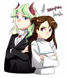 Rule 34 | 2girls, absurdres, bad id, bad twitter id, commentary request, crossed arms, diana cavendish, english text, highres, horns, kagari atsuko, little witch academia, multiple girls, nun, traditional nun, vampire, vampire costume