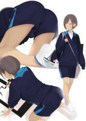 Rule 34 | 1girl, all fours, ama mitsuki, ass, bag, bare legs, blue shirt, blue shorts, brown eyes, brown hair, calligraphy, calligraphy brush, carrying bag, closed mouth, collared shirt, from behind, full body, hard hat, heart, helmet, highres, holding, holding brush, jacket, long sleeves, multiple views, non-web source, original, paintbrush, panties, panty peek, school bag, shirt, short hair, shorts, sleeves rolled up, socks, soles, stuffed animal, stuffed rabbit, stuffed toy, track suit, underwear, unworn headwear, unworn helmet, white footwear, white shirt, white socks, zipper pull tab
