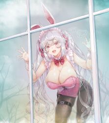 Rule 34 | 1girl, :d, absurdres, against glass, against window, animal ears, bent over, bow, bowtie, breasts, cleavage, collar, commission, detached collar, frills, grey hair, hair between eyes, hand on glass, hands up, highres, indie virtual youtuber, kiyama satoshi, large breasts, leaning forward, leotard, long hair, looking at viewer, looking through window, maid headdress, meichan (mingming), open mouth, pantyhose, pink leotard, playboy bunny, rabbit ears, red bow, red bowtie, red eyes, redcircle, skeb commission, skindentation, smile, solo, standing, thigh strap, through window, twintails, very long hair, virtual youtuber, window, wrist cuffs