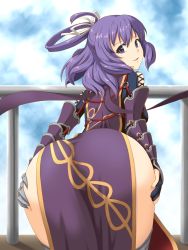 Rule 34 | 1girl, ao no kiseki, armor, ass, ass focus, ass grab, breasts, dress, eiyuu densetsu, female focus, from behind, grabbing own ass, hair ribbon, half updo, hand on own ass, highres, hip focus, hou (hachiyou), huge ass, long hair, looking at viewer, looking back, purple eyes, purple hair, ribbon, rixia mao, side slit, skindentation, small breasts, smile, solo, tabard, thighhighs, wallpaper, wide hips