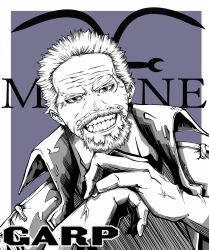 Rule 34 | 1boy, beard, character name, english text, facial hair, highres, jukw8473, looking at viewer, monkey d. garp, mustache, one piece, scar, scar on face, short hair, smile, solo, teeth, uniform, white hair