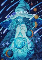 Rule 34 | 1girl, absurdres, blue theme, closed mouth, cracked skin, elden ring, extra arms, extra faces, extra hands, glowing, glowing eyes, hat, highres, lauren baldo, long hair, one eye closed, own hands together, planet, ranni the witch, sitting, solo, star (sky), twitter username, witch, witch hat
