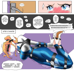 Rule 34 | 1girl, bdsm, blindfold, bondage, bound, breasts, comic, female focus, forced orgasm, full body, gagged, highres, hitachi magic wand, kidnapped, lying, pussy juice, sex toy, vibrator