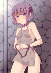 Rule 34 | 1girl, amashoku jirou, bdsm, blush, bondage, bound, breasts, collar, covered erect nipples, cuffs, frown, original, purple eyes, purple hair, short hair, slave, slave clothes, small breasts, solo, tears, whip marks