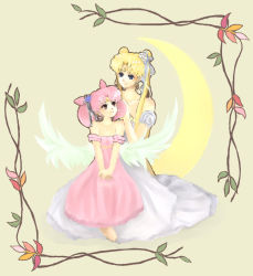 Rule 34 | 1990s (style), 2girls, age difference, bad id, bad pixiv id, bare shoulders, bishoujo senshi sailor moon, blonde hair, chibi usa, child, cone hair bun, crescent, crescent facial mark, crescent moon, double bun, dress, facial mark, gown, hair bun, moon, mother and daughter, multiple girls, nako (nonrain), pink hair, princess serenity, retro artstyle, short twintails, small lady serenity, strapless, strapless dress, tsukino usagi, twintails, wings