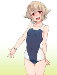 Rule 34 | 1girl, :d, atra mixta, bad id, bad pixiv id, bare shoulders, bracelet, breasts, brown hair, collarbone, competition swimsuit, covered navel, gradient background, gundam, gundam tekketsu no orphans, highres, jewelry, kurowa, one-piece swimsuit, open mouth, red eyes, short hair, skindentation, small breasts, smile, solo, swimsuit, translucent hair