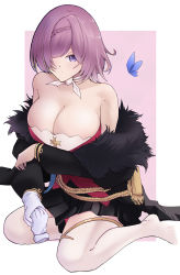 Rule 34 | 1girl, absurdres, aiguillette, azur lane, bare shoulders, black coat, black skirt, blue butterfly, braid, breasts, bug, butterfly, cleavage, coat, epaulettes, feet, full body, fur-trimmed coat, fur trim, gloves, hair over one eye, highres, insect, jacket, large breasts, legs, medium hair, off shoulder, open clothes, open coat, pantyhose, penelope (azur lane), pink background, pleated skirt, purple eyes, purple hair, red jacket, simple background, skirt, sleeveless, sleeveless jacket, syu.mu, two-tone background, unworn gloves, white background, white gloves, white neckwear, white pantyhose