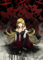 Rule 34 | 1girl, bakemonogatari, bare shoulders, black pantyhose, blonde hair, breasts, chair, cleavage, desk, din (raiden), dress, elbow gloves, fang, flipped hair, frilled dress, frills, fur trim, gloves, gothic lolita, grin, hair ribbon, highres, indian style, indoors, kiss-shot acerola-orion heart-under-blade, lolita fashion, long hair, looking at viewer, monogatari (series), on desk, oshino shinobu, pantyhose, ribbon, school desk, shoes, sidelocks, sitting, on desk, smile, solo, steam, swept bangs, very long hair, white gloves, yellow eyes