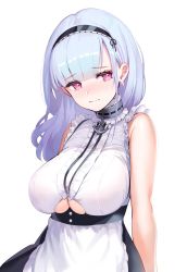Rule 34 | 1girl, anchor choker, anchor necklace, apron, azur lane, bang (gesture), bare shoulders, black hairband, blunt bangs, breasts, center frills, choker, closed mouth, clothing cutout, collar, commentary request, dido (azur lane), dress, earrings, eating, finger gun, frilled apron, frilled choker, frills, hairband, heart, heart earrings, highres, jewelry, kiyosato 0928, lace-trimmed hairband, lace trim, large breasts, maid, maid apron, necklace, red eyes, shirt, silver hair, sleeveless, sleeveless shirt, underboob, underboob cutout, waist apron, white apron