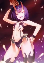 Rule 34 | 1girl, :d, akisa yositake, alcohol, breasts, cowboy shot, cup, eyebrows, fangs, fate/grand order, fate (series), from below, gem, gluteal fold, hair ornament, hand on own hip, hand up, highres, holding, horns, jewelry, money, motion blur, navel, oni, open mouth, purple eyes, purple hair, revealing clothes, sakazuki, sake, short hair, shuten douji (fate), skin-covered horns, small breasts, smile, solo, suggestive fluid, tucked money