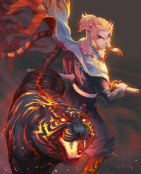 Rule 34 | 1boy, absurdres, animal, bad id, bad pixiv id, belt, bensonwu, black background, blonde hair, boots, cape, cape lift, clothes writing, colored tips, eyebrows, feet out of frame, fighting stance, fire, flame print, forked eyebrows, furrowed brow, glowing, glowing eyes, glowing mouth, half updo, highres, holding, holding sword, holding weapon, jacket, katana, kimetsu no yaiba, knee boots, lips, long sleeves, looking at viewer, male focus, medium hair, multicolored hair, pants, pants tucked in, parted lips, ready to draw, red eyes, red hair, rengoku kyoujurou, sidelocks, standing, sword, two-tone hair, uniform, weapon, white cape