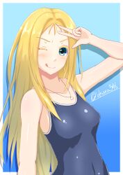 Rule 34 | 1girl, arm up, blonde hair, blue background, blue eyes, blue one-piece swimsuit, border, collarbone, competition school swimsuit, covered navel, gradient background, highres, jewelry, kofune ushio, long hair, looking at viewer, necklace, okura346, one-piece swimsuit, one eye closed, outside border, school swimsuit, solo, summertime render, swimsuit, tongue, tongue out, twitter username, v, white border