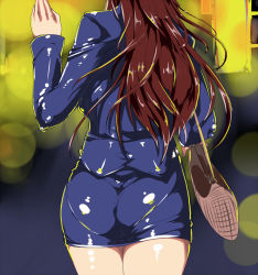 Rule 34 | 1girl, ass, bad id, bad pixiv id, bag, belt, belted, belted dress, clasped dress, dress, formal, from behind, handbag, head out of frame, lens flare, long hair, miniskirt, night, office lady, original, outdoors, pantylines, pencil skirt, red hair, saruanu, shiny clothes, shiny skin, skin tight, skirt, skirt suit, solo, standing, suit, tight clothes, tight dress, waving