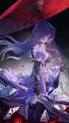 Rule 34 | 1girl, acheron (honkai: star rail), bandaged leg, bandages, bare shoulders, black choker, black gloves, black shorts, breasts, chain, chain around arm, choker, flower, gloves, hair ornament, highres, holding, holding sword, holding umbrella, holding weapon, honkai: star rail, honkai (series), katana, legs, long hair, long sleeves, looking at viewer, neon (pixiv 31150749), purple eyes, purple hair, red umbrella, short shorts, shorts, sideboob, solo, sword, umbrella, very long hair, weapon