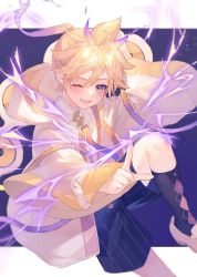 Rule 34 | 1boy, badge, black shorts, black socks, blonde hair, blue eyes, commentary, cowboy shot, highres, index finger raised, jacket, kagamine len, kneehighs, lightning, looking at viewer, magical mirai (vocaloid), magical mirai len, male focus, night, night sky, one eye closed, open mouth, ponytail, shinotarou (nagunaguex), shirt, shorts, sky, smile, socks, speaker, spiked hair, star (sky), striped clothes, striped shorts, symbol-only commentary, vocaloid, white footwear, white jacket, white shirt, wide sleeves