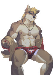 Rule 34 | 1boy, abs, animal ears, bara, body fur, brown eyes, brown fur, bulge, dog boy, dog ears, dog tail, feet out of frame, furry, furry male, highres, jacket, jacket partially removed, large pectorals, lifeguard, male focus, male swimwear, muscular, muscular male, navel, navel hair, nipples, original, pectorals, print shorts, red shorts, seato-hao, short hair, shorts, sitting, smile, snout, solo, stomach, swim briefs, swimsuit, swimsuit under clothes, tail, thick eyebrows, thick thighs, thighs, topless male, whistle, whistle around neck, white background, white male swimwear