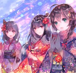 Rule 34 | 3girls, :d, blue kimono, blue sky, blush, braid, brown hair, character request, commentary request, day, floral print, flower, fur trim, fusou (kancolle), gloves, green eyes, grey gloves, hair between eyes, hair flaps, hair flower, hair ornament, holding, japanese clothes, kantai collection, kimono, lens flare, long hair, long sleeves, looking at viewer, multiple girls, obi, open mouth, outdoors, purple kimono, red eyes, red kimono, rioka (southern blue sky), sash, shigure (kancolle), sky, smile, standing, wide sleeves, yamashiro (kancolle)