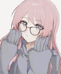 Rule 34 | 1girl, adjusting eyewear, bang dream!, bang dream! it&#039;s mygo!!!!!, blush, chihaya anon, closed mouth, commentary, glasses, grey eyes, grey hoodie, highres, hood, hood down, hoodie, long hair, long sleeves, looking at viewer, pann (1202zzzx00), pink hair, pout, puffy sleeves, simple background, sleeves past wrists, solo, symbol-only commentary, upper body, white background