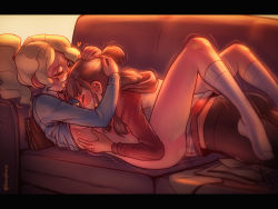 Rule 34 | 2girls, alternate costume, alternate hairstyle, ass, bangdacy, blonde hair, blush, breasts, brown hair, clothed sex, couch, couple, diana cavendish, closed eyes, glasses, hand on another&#039;s head, heart, kagari atsuko, legs, little witch academia, long hair, lying, multicolored hair, multiple girls, no panties, ponytail, simple background, spread legs, thighs, two-tone hair, underboob, wavy hair, wife and wife, yellow background, yuri