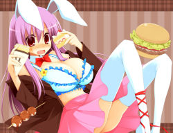 Rule 34 | 1girl, animal ears, ankle lace-up, blush, bra, breasts, burger, cake, cleavage, crepe, cross-laced footwear, female focus, food, kurikara, large breasts, lingerie, long hair, open clothes, purple hair, rabbit ears, red eyes, reisen udongein inaba, solo, thighhighs, touhou, underwear, white thighhighs