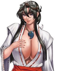 Rule 34 | 1girl, black hair, breasts, cleavage, collarbone, commentary request, goggles, goggles on head, hand on own chest, highres, huge breasts, japanese clothes, linea alba, lips, long hair, looking at viewer, magatama, miko, no bra, original, parted lips, purple eyes, ryotatsuryu, sengoku ace, sidelocks, simple background, smile, solo, togashi koyori, upper body, white background, wide sleeves