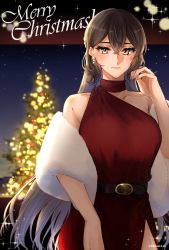 Rule 34 | 1girl, alternate costume, black hair, blush, breasts, christmas, christmas tree, closed mouth, dress, earrings, hair between eyes, highres, jewelry, kantai collection, large breasts, long hair, looking at viewer, machi (ritovoyage), merry christmas, nagato (kancolle), red dress, solo, sparkle, twitter username