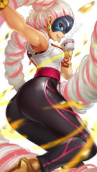 Rule 34 | 1girl, arms (game), ass, cup, dark skin, dark-skinned female, drill hair, earrings, goomrrat, jewelry, looking at viewer, mask, multicolored hair, pants, silver hair, smile, solo, teacup, tight clothes, tight pants, twin drills, twintails, twintelle (arms), two-tone hair
